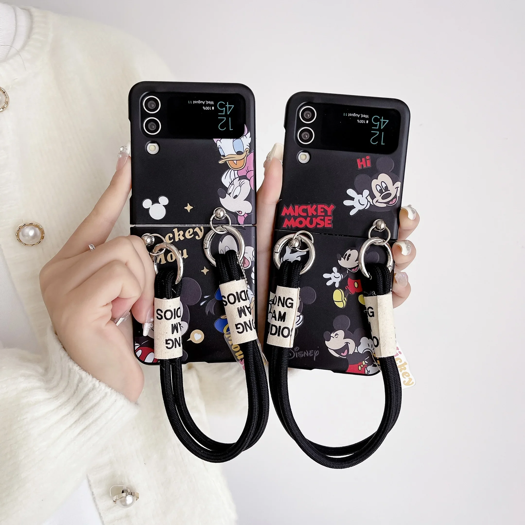 

Disney Mickey Minnie Stylish Black Phone Case with Lanyard Case for Samsung Galaxy Z Flip 3 4 5G Flip5 Flip4 Shockproof Cover