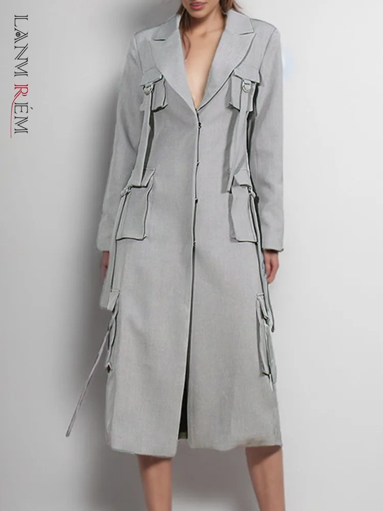 

[LANMREM] Designer Long Trench Women's Gray Multiple Pockets Single Breasted Gathered Waist Windbreaker 2024 Spring New 26D8457