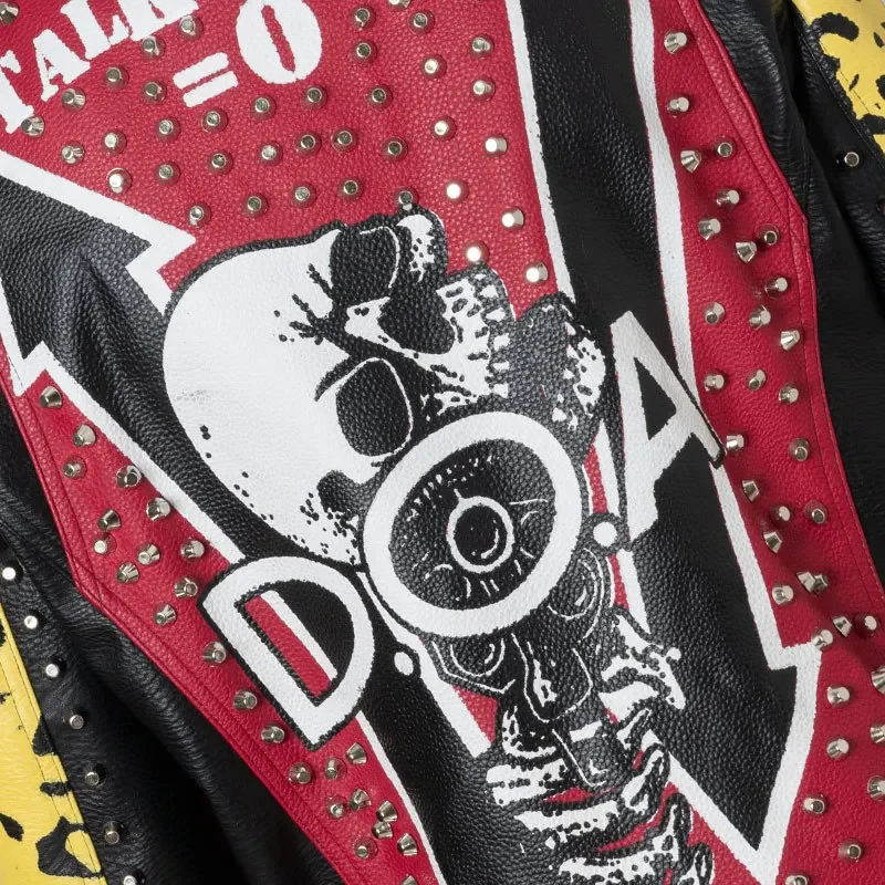 Graffiti Print Leather Jacket for Women's and Mens 2024 Punk Rivets Streetwear Contrast Stitched Faux Leather Motorcycle Jackets