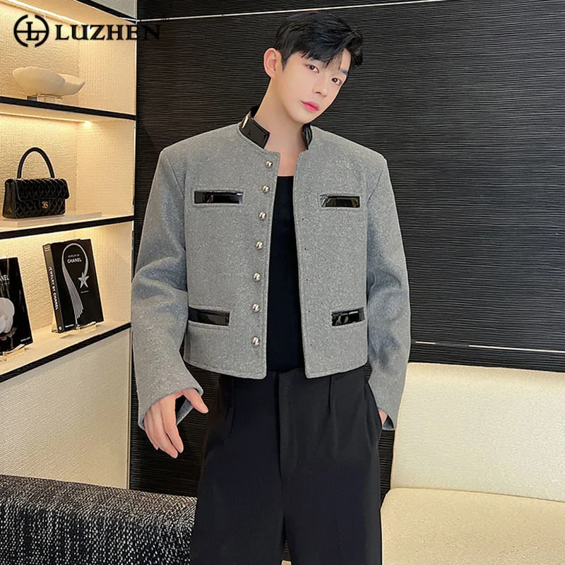 

LUZHEN Men Blazer Stylish Korean Luxury Jackets PU Leather Contrast Color Spliced Design Original Short Woolen Suit Coat 8e384c