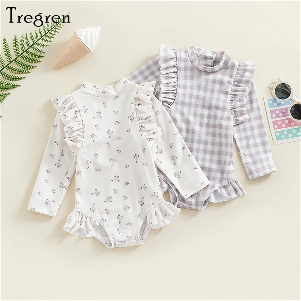 Tregren Kids Baby Girls Swimsuit Long Sleeve Crew Neck Floral Plaid Swimwear Summer Bathing Suit Swimming Pool Beachwear children swimwear