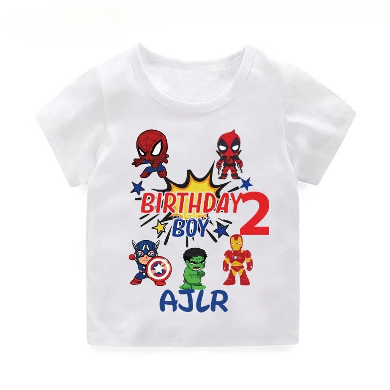 thumbnail image 1 of Niños 2 3 4 5 6 7 8 Cumpleaños Marvel SuperHero Summer Camisa de manga corta Los Vengadores Personalizar nombre Ropa de fiesta de cumpleaños, 1 of 5