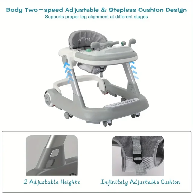 2-in-1 Baby Walker Foldable Activity Walker with Swivel Wheel Removable Music Tray Foldable Baby Push Walker Height Adjustable 5