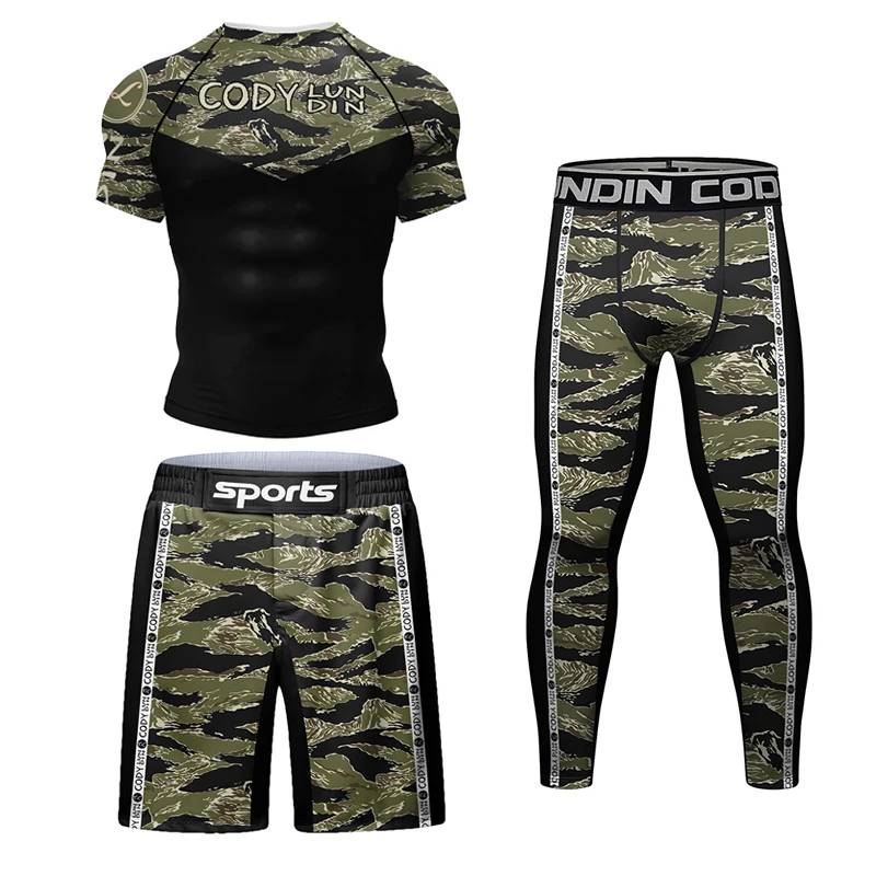 Kickboxing Rashguard Jiu Jitsu MMA T-shirt + Pant Set Men Rash Guard Grappling Bjj Gi Boxing Sportsuits Gym Muay Thai Shorts Suit sports apparel,mens t shirt