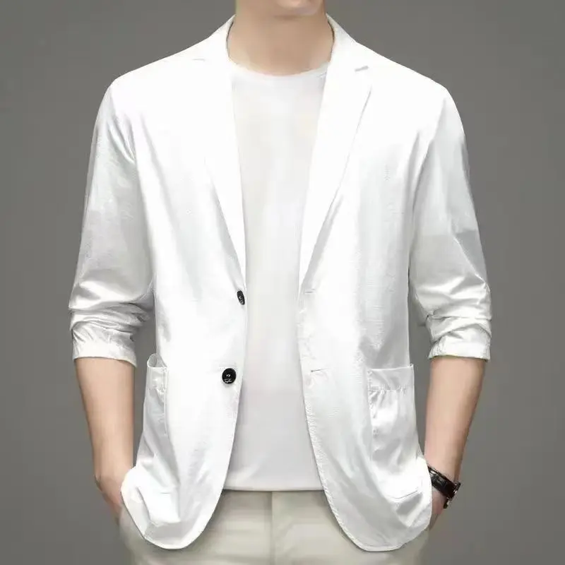 Spring Summer Men Ice Silk Thin Casual Sunscreen Blazer Fashion Casual Male Clothes Long Sleeve Big Size Slim Solid Blazers Coat 4