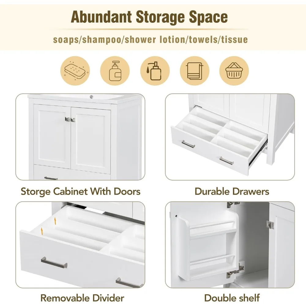 30 in Bathroom Vanity with Sink,1 Large Drawers and 2 Storage Doors,Wood Single Sink Bathroom Vanity,Modern White Bathroom 5