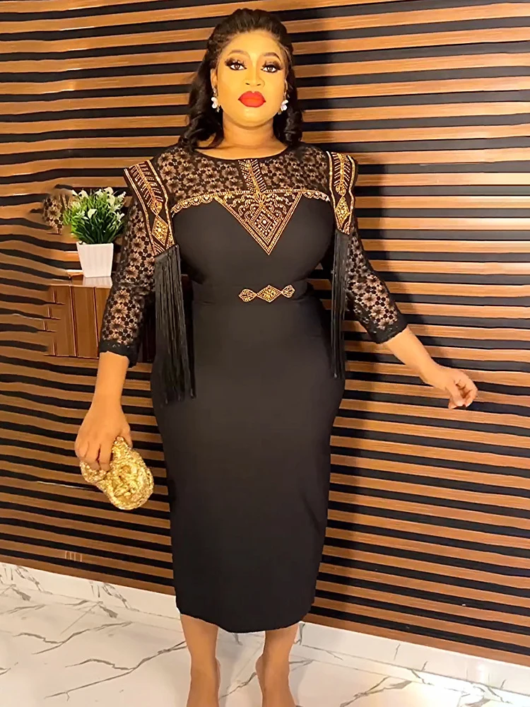 

African Dresses For Woman Nigeria Lace Sleeves Bodycon Maxi Robe Elegant Office Ladies Overalls Formal Occasions Evening Gowns