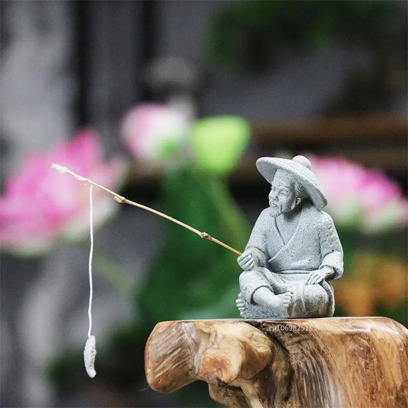 Fish tank ornaments 1pc Fish Tank Garden Sitting Fishing Sandstone Vintage Ornament Aquarium Mini Fisherman Statue Asian Zen Room Decoration