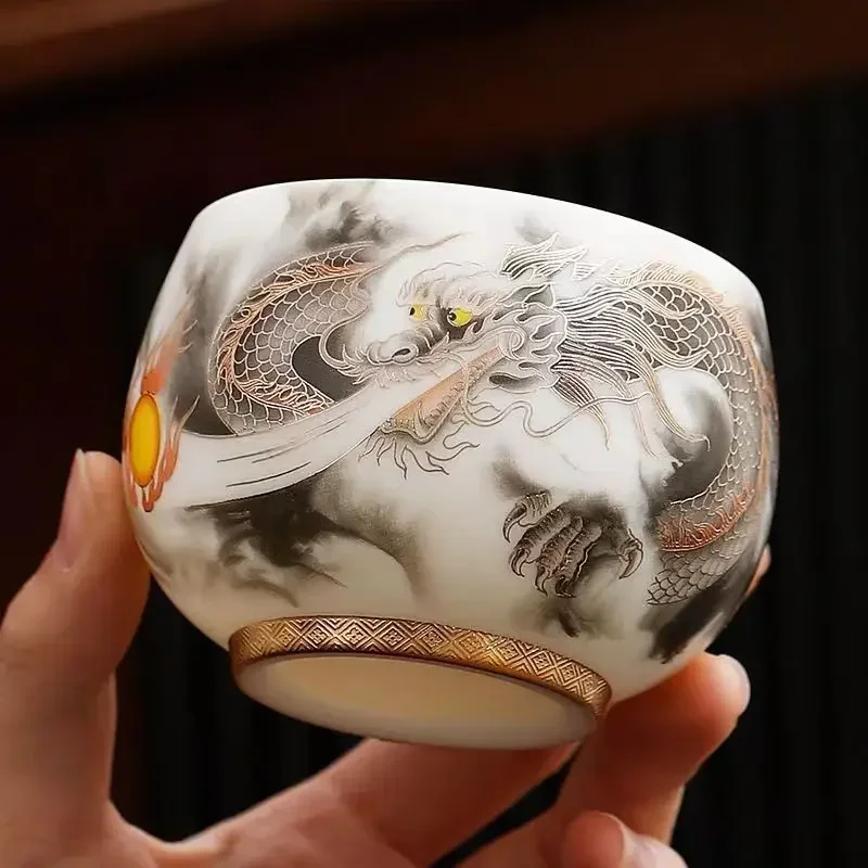 

Gilded Auspicious Dragon Spitting Beads Single Cup Chinese Style Sheep Fat Jade Tea Cup Luxury and Retro Business Gifts