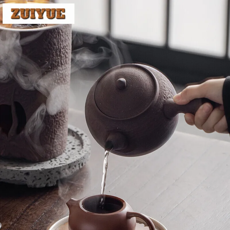 Rock Mud Handmade Tea Warmer Stove Japanese Style Side Handle Pot Warmer Vintage Tea Stove Kettle Stand Ceremony Ornaments