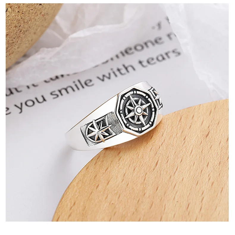 Retro Poseidon Compass Ring Silver-Plated Hexagram Opening Adjustable Ring Men and Women Hip-Hop Trend Jewelry Gift