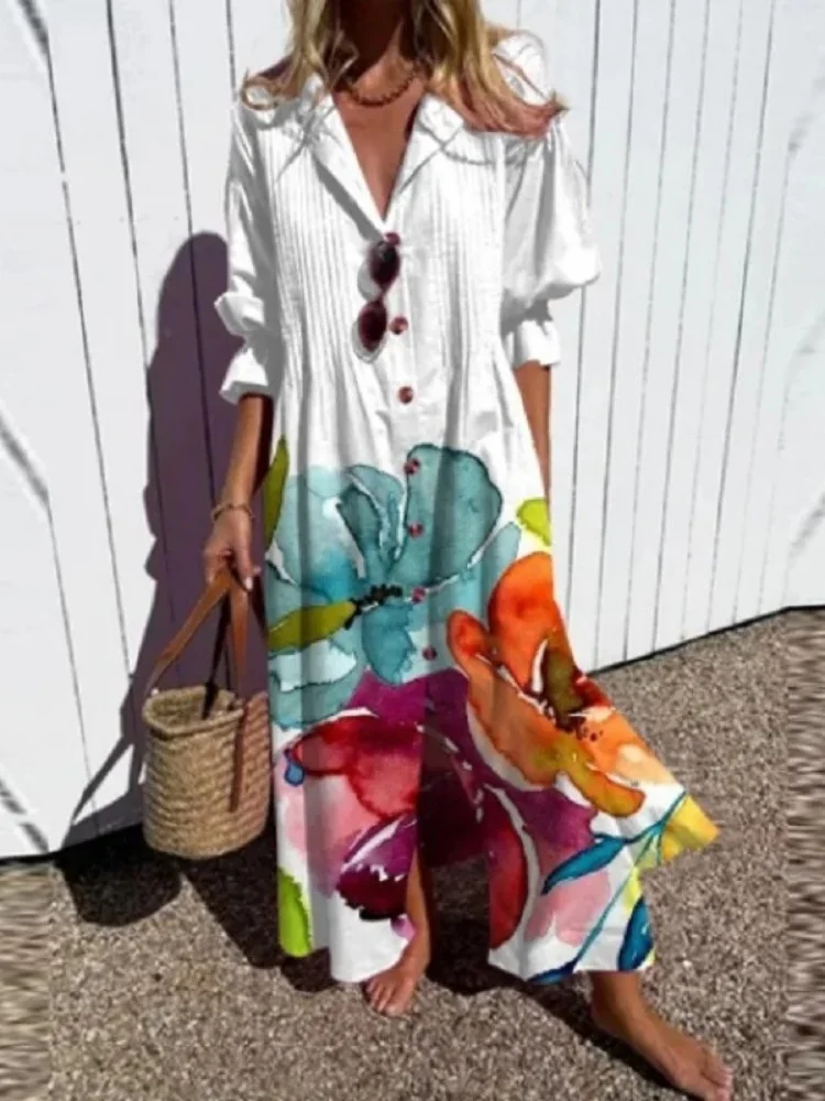 Wmstar Women Dress Wholesale Loose Pleated Independent Station Printed Temperament Commuter Long Sleeve Dresses New Style