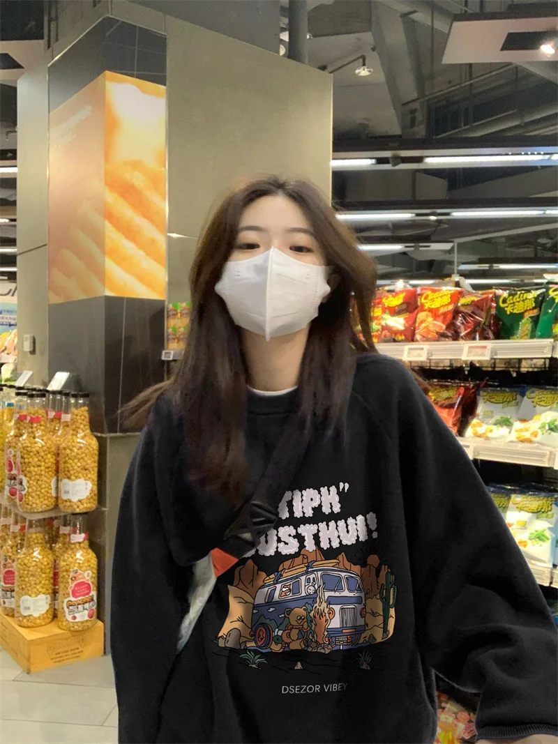 

Hong Kong Style Chic Retro Burgundy T-Shirt Sweater Female Tide Ins Spring And Autumn American Cartoon Print Oversize Coat