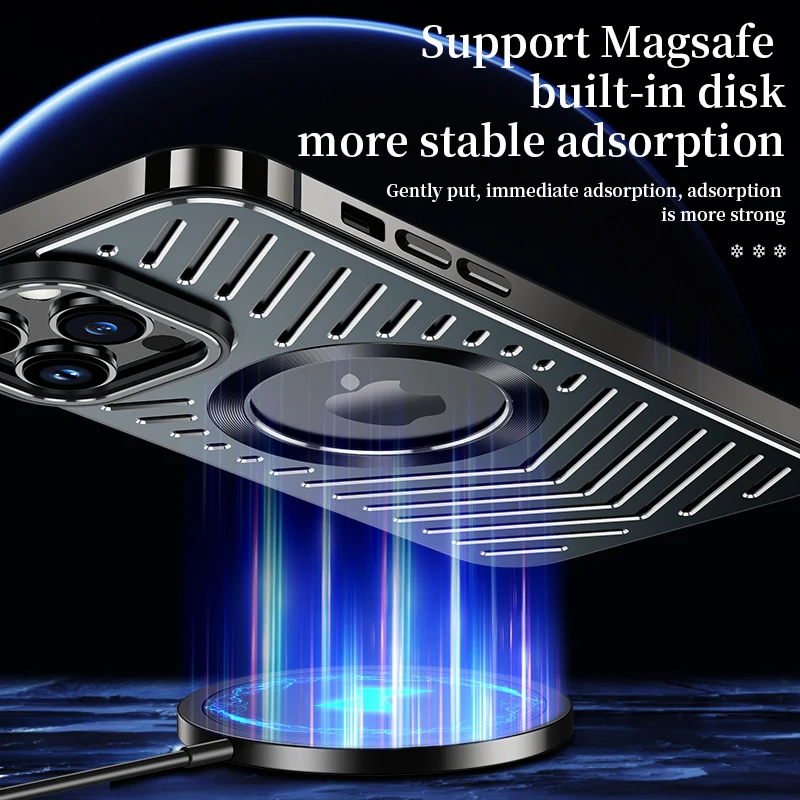 Cooling Armor Stainless Steel Frame Aluminum Metal Back Case For iPhone 12 13 14 Pro Max Magnetic Wireless Charging Cover