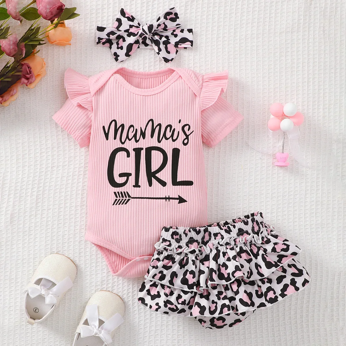 Summer Cute Baby Girls Clothes Sets One Shoulder Ruffles Tops Big Bow Printed Shorts Headband Boutique Kids Clothing
