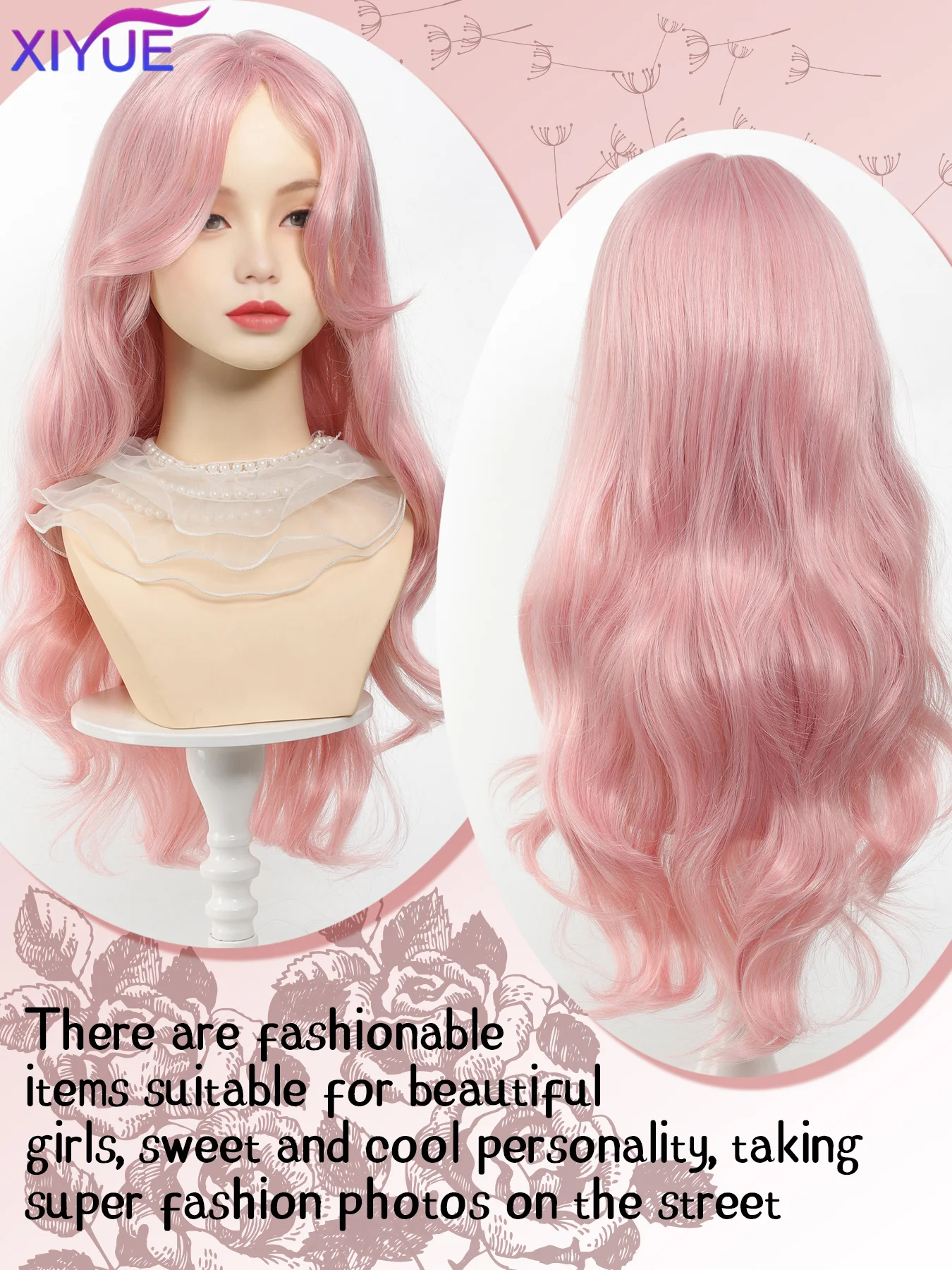 XIYUE Light Pink Synthetic Hair Wigs Long Wavy Natural Hair Wigs with Bangs for Women Cosplay Lolita Wig Heat Resistant