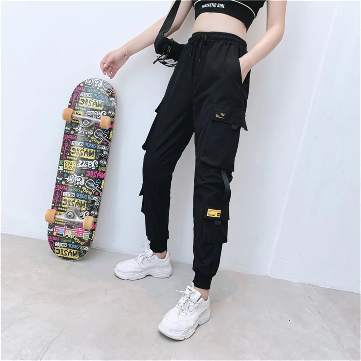 Black Cargo Pants Women Casual Joggers High Waist Loose Female Hip Hop Trousers Korean Punk Pants Funny Capri Streetwear Femme