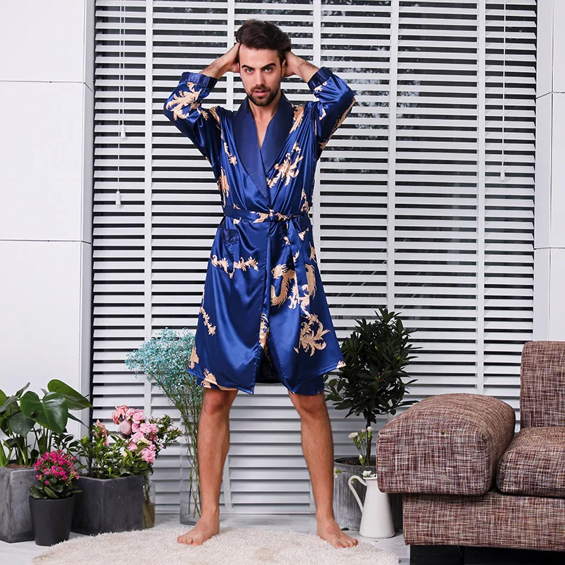 Silk Sleepwear Bathrobe Long Sleeve Pajamas Summer Nightgown Men Clothing Robe Print Silk Pajamas Ice Silk Loungewear New