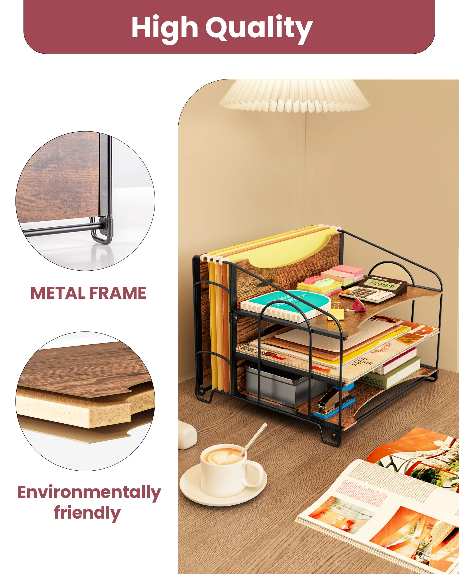 Wood Desk File Organizer, Office Desktop Organizer, 3 Tier Metal Paper Letter Tray Organizer with 1 Folder Holders