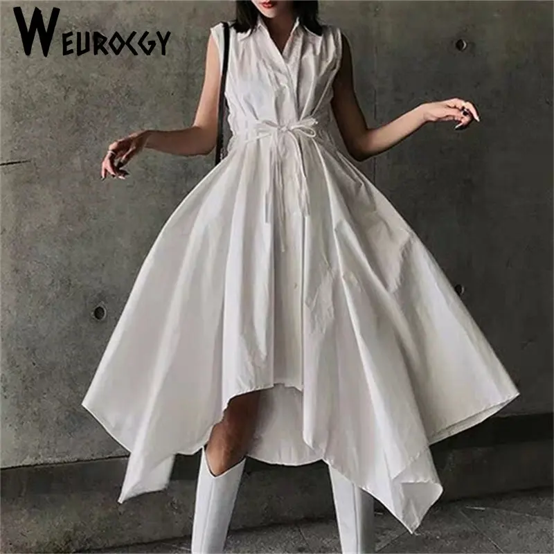 

Summer y2k Causal Personality Korean Edition Retro Polo Collar Sleeve Irregalur Bangage Women Dresses Medium Length Streetwear