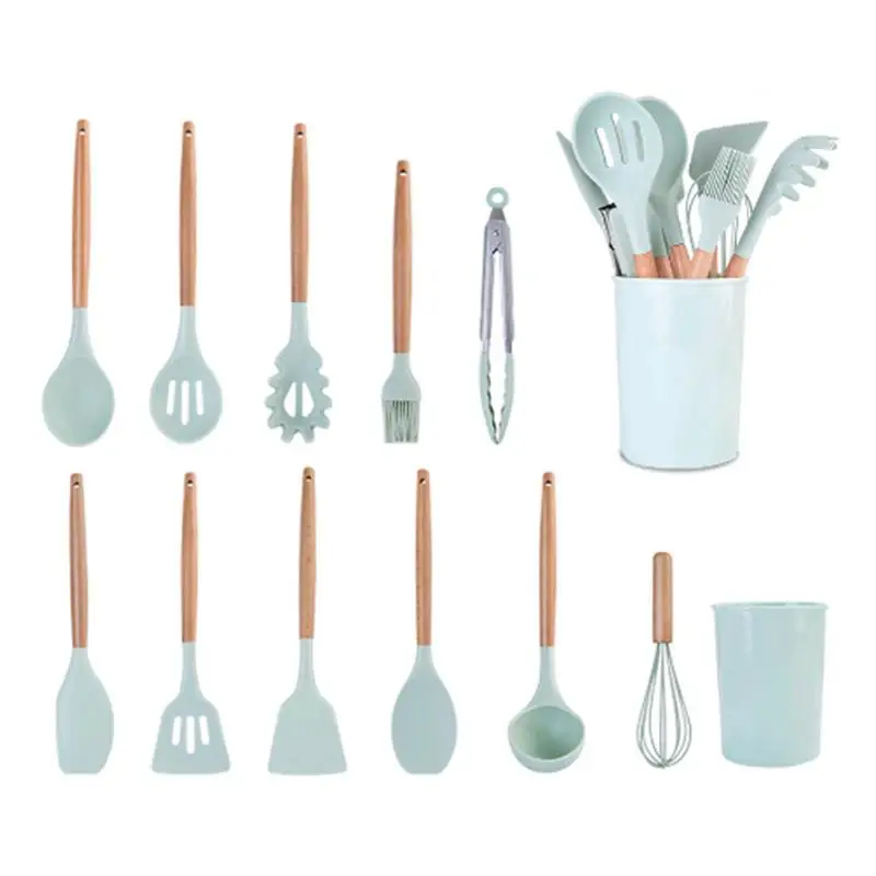Silicone Kitchen Utensils Set Non-Stick Cookware For Kitchen Wooden Handle Spatula Egg Beaters Kitchenware Accessories