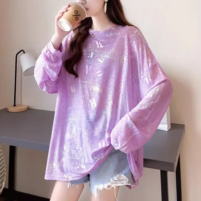 

Autumn Korean Elegant Fashion New Chic Shirt Women Trendy Geometric Y2k Loose Casual Round Collar Long Batwing Sleeve Letter Top