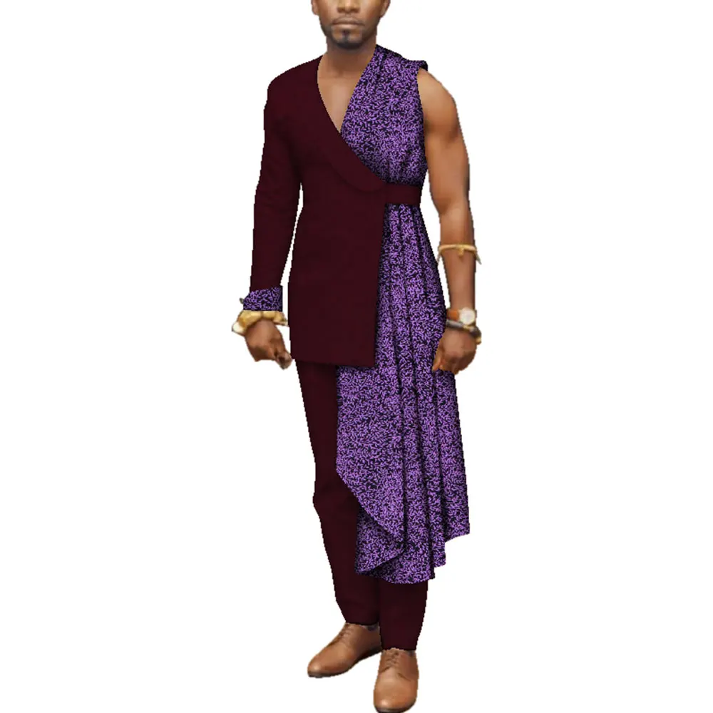 Men Bazin Riche Patchwork One-Shoulder Top and Pants Cotton 2 Pieces Pants Sets Special Mens African Clothing WYN497