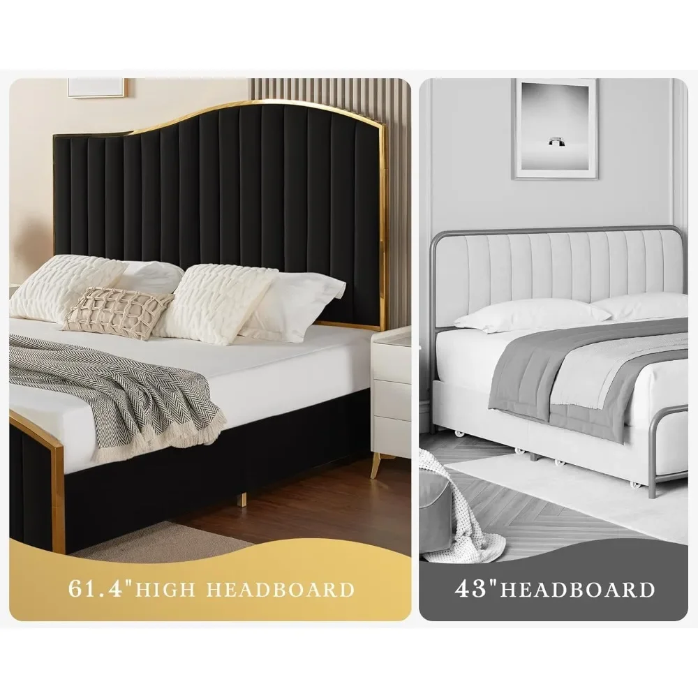 Queen Size Bed Frame, 61.4" High Headboard Platform Bed Velvet Upholstered with Gold Trim & Footboard/Wooden Slats 2