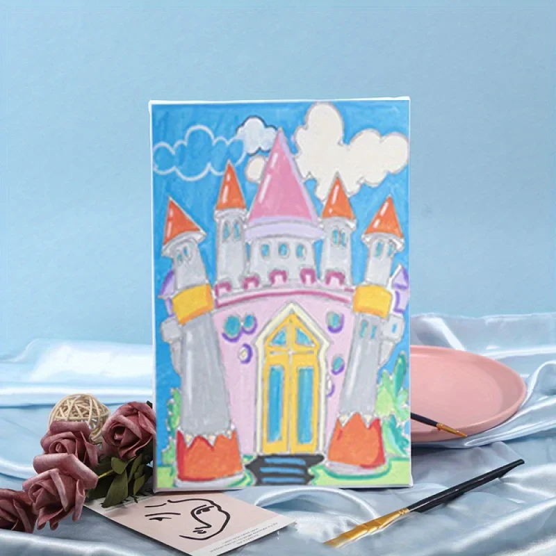 Painting Board Canvas Paint Set with Paint Tools DIY Painting Kit with Pre-Drawn Canvas + Mini Wooden Stands Kids School Children's Day Gifts