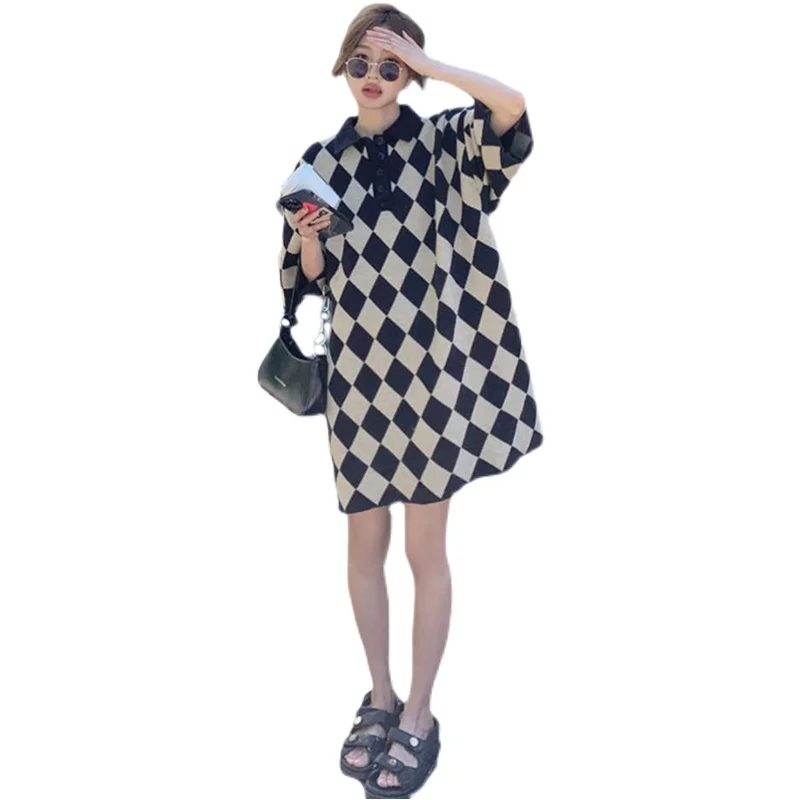 

2022 Summer Autumn Maternity Clothes Black White Plaid Knitting Pullovers Sweet Pregnant Women's Dress Vintage Pregnancy Clothes