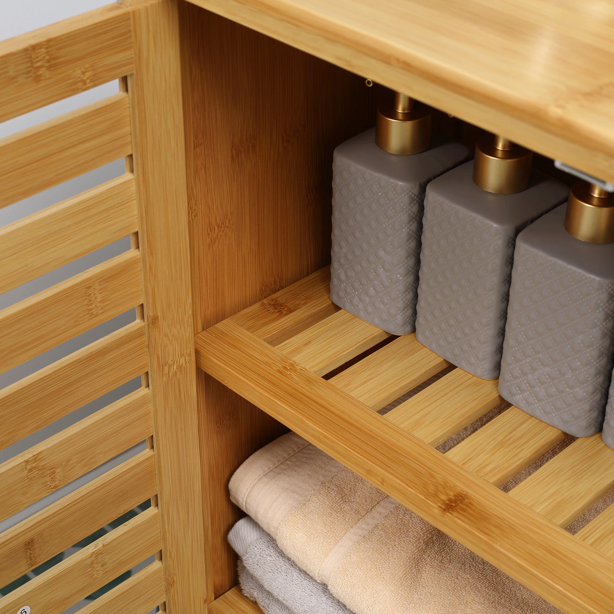 Bambus-Badezimmerschrank mit 2 Lamellentüren & 2 Innenregalen, Natürlicher Aufbewahrungsschrank 68x32x86cm für Badezimmer & Wohnzimmer – Detail 8