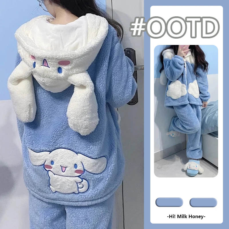 Sanrios Cartoon Cinnamoroll Plush Pajamas Anime Hooded Homewear Suit Girl Kawaii Sleepwear Autumn Winter Coral Fleece Nightwear