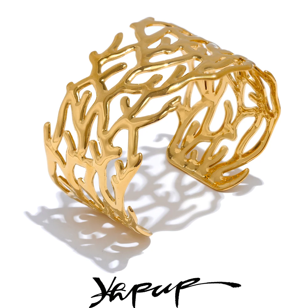 Yhpup Stainless Steel Bracelet Geometric Hollow Wide Cuff for Women