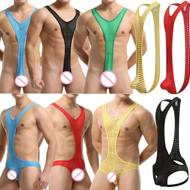 Men Undershirts Lingerie Ultra-thin Transparent Striped Bodysuit Leotard Wrestling Singlet Jumpsuits Sheer Gay Underwear