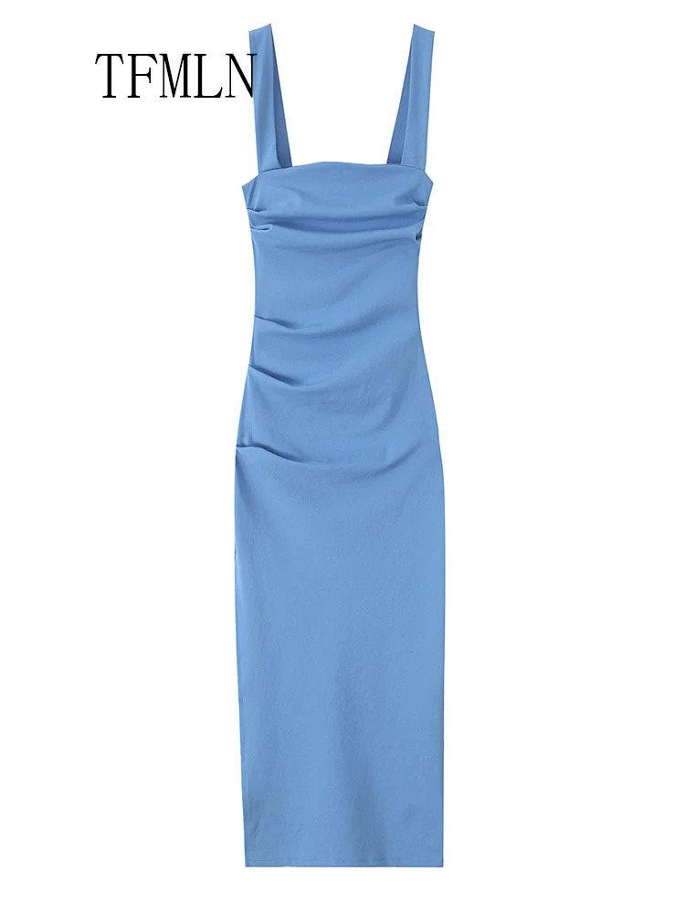 TFMLN  2025 Summer Women Solid Pleated Dresses Elegant Slim Square Collar Folds Party Dress Sexy Side Zipper Chic Causal Dress