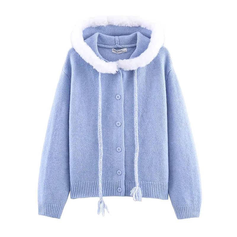 2025 New Women Fashion Plush Hooded Knitted Cardigans Long Sleeve Sweater Cardigan Autumn Winter New Style Knitwear Coat