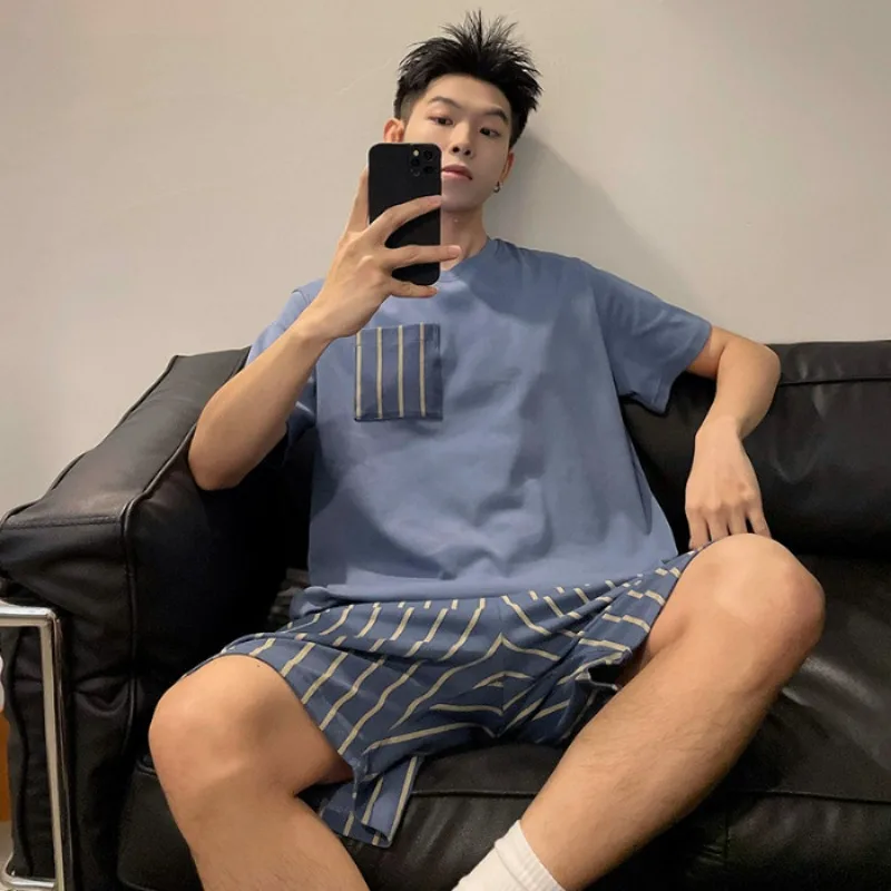 Cotton Large Size Men Pajamas O Neck Youth Student Nightwear Homewear Simple Letters Striped Sleepwear Loungewear