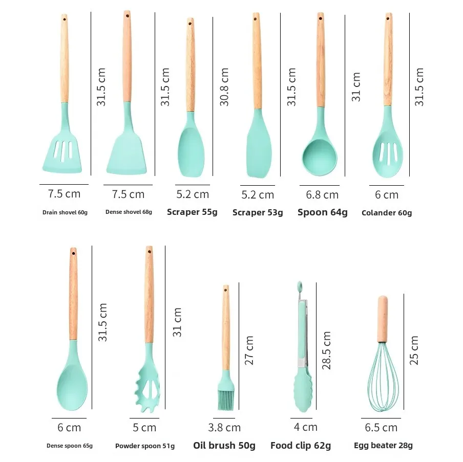 12-Piece Silicone Kitchen Utensil Set Wood Handle Non-Stick Cookware Storage Tube Home Cooking Tools Set