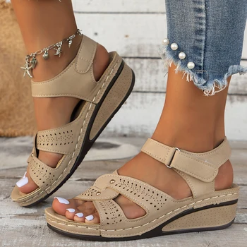 Fashion Handmade Women Sandals 2024 Summer Shoes Faux Leather Wedges Sandals Women Peep Toe Casual Platform Sandals