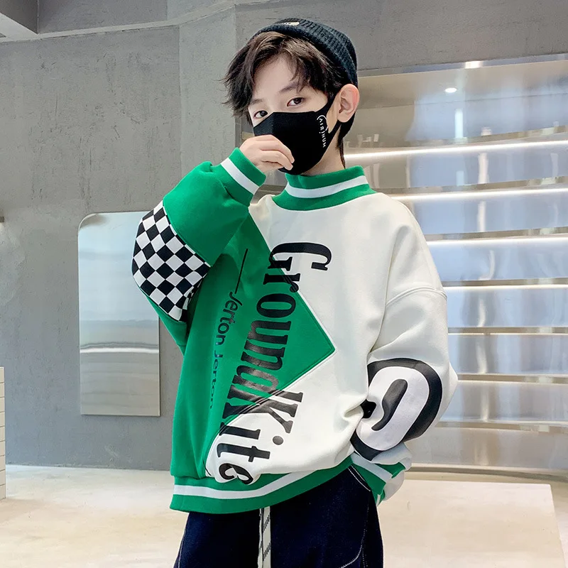 

Kid Boy Clothes Fashion Letter Print Pullover Casual Patchwork Sweatshirt Autumn Winter Children's Clothing Thick Warm Top 4-14Y