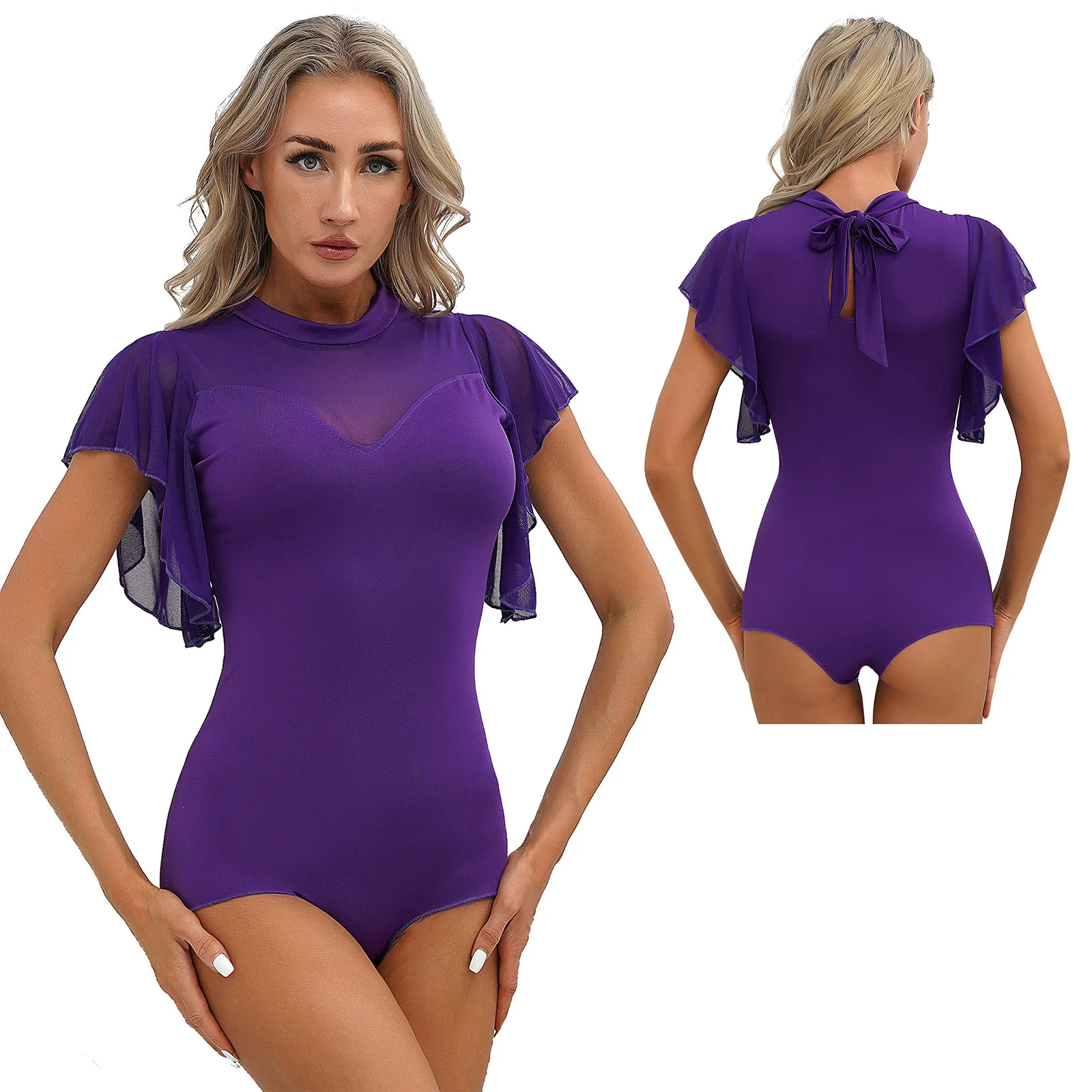 Leotardo de baile para mujer, leotardo de manga corta con volantes, traje de baile de Jazz latino Cha-Cha, mono con cuello falso y abertura en la espalda