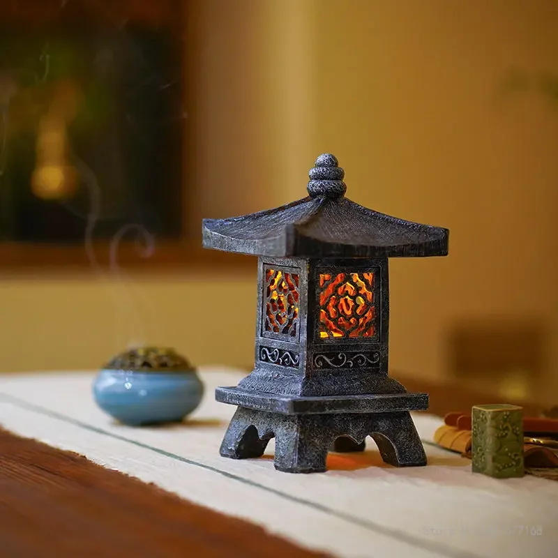 Chinese Zen Imitation Stone Tower Resin Landscape Rechargeable Palace Lamp Home Indoor Courtyard Living Room Office, Study Decor