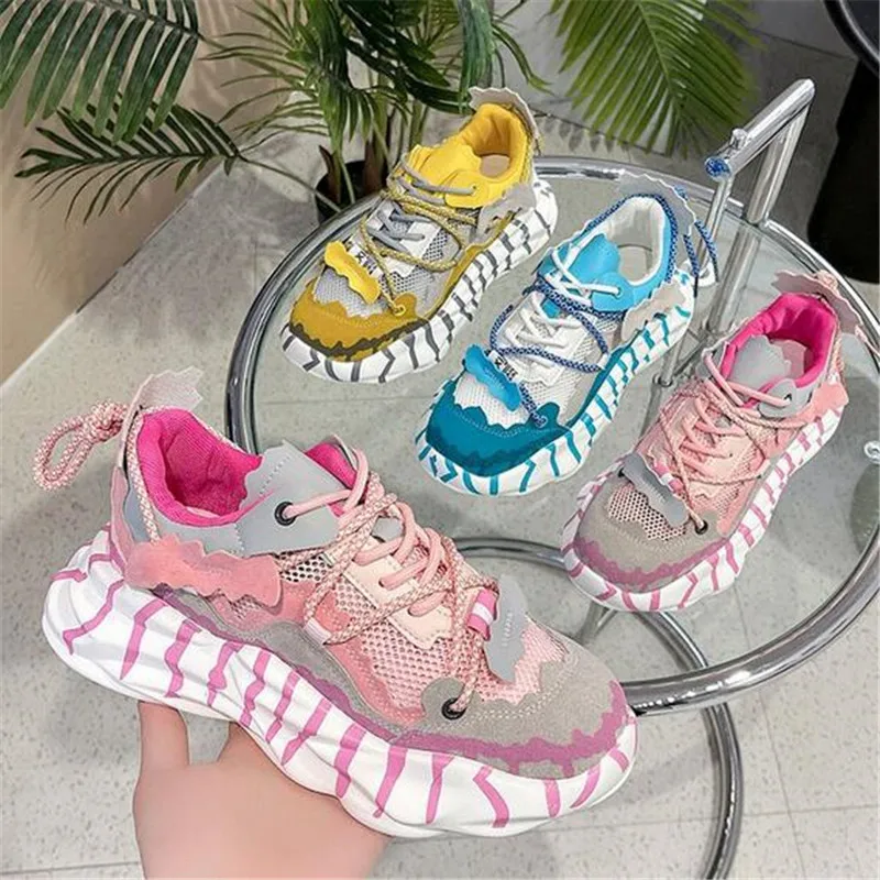 Women Fashion Mesh Sneakers 2023 Summer Platform Chunky Casual Brand Designer Dad Shoes Woman Lace-up Vulcanized Shoes Pink