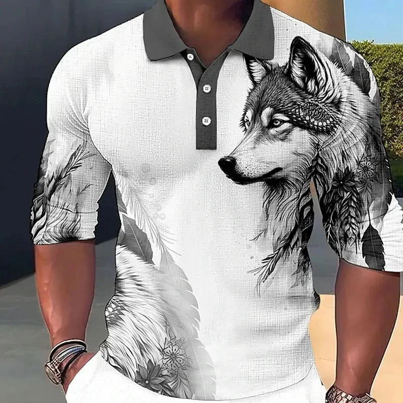 

3D Lion Wolf Animal Graphic Print Long Sleeve Daily Polos Shirts Casual Classic Turn Down Collar Autumn Clothing Oversized Tops