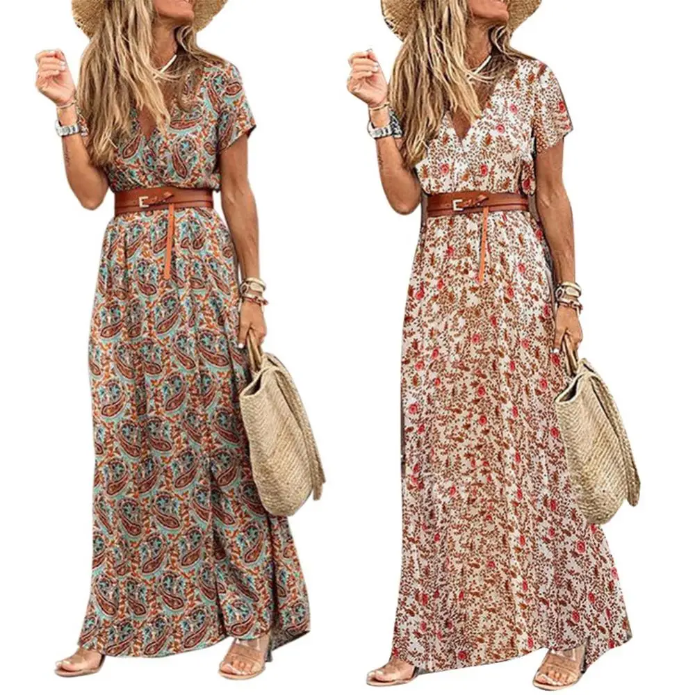 

Boho Maxi Dresses for Women 2022V Neck Short Sleeve Paisley Print Belt Large Hem Beach Long Dress Party