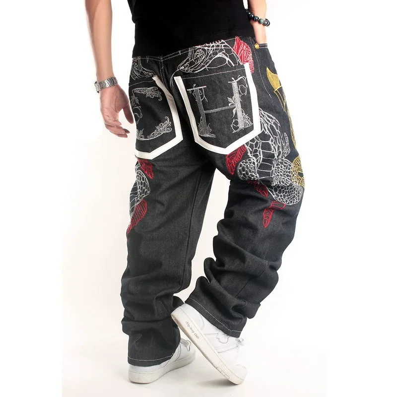 Men's Cool Hip Hop Jeans Trendy Embroidery Loose Fit for Skateboarders Y2k Plus Size Streetwear Black Wide Leg