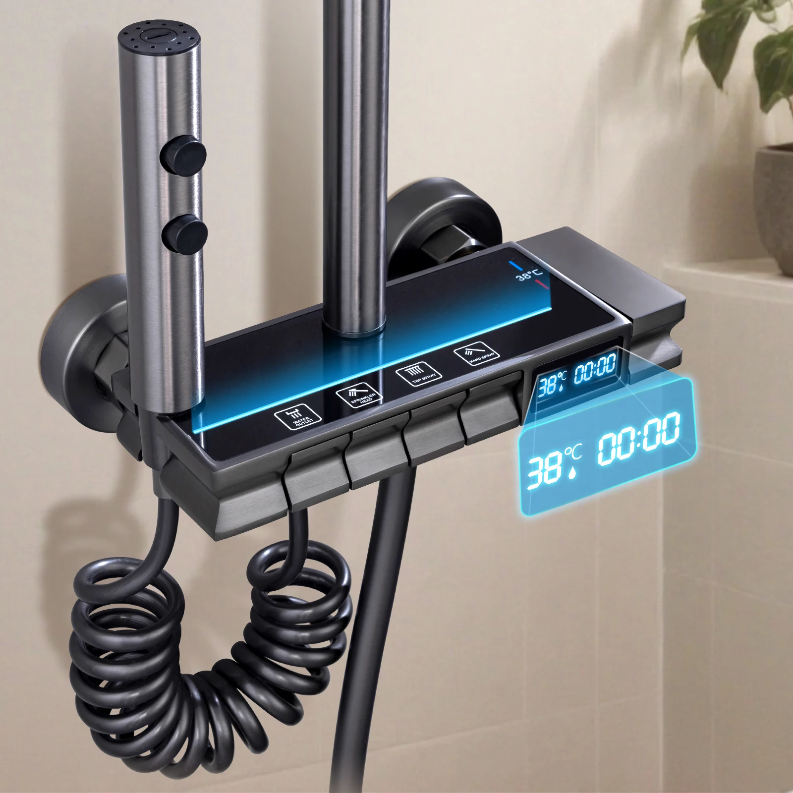 Système de douche de salle de bains, ensemble de pomme de douche à lumière LED, miroir en laiton, robinet de baignoire thermostatique, affichage numérique, douches chaudes et froides