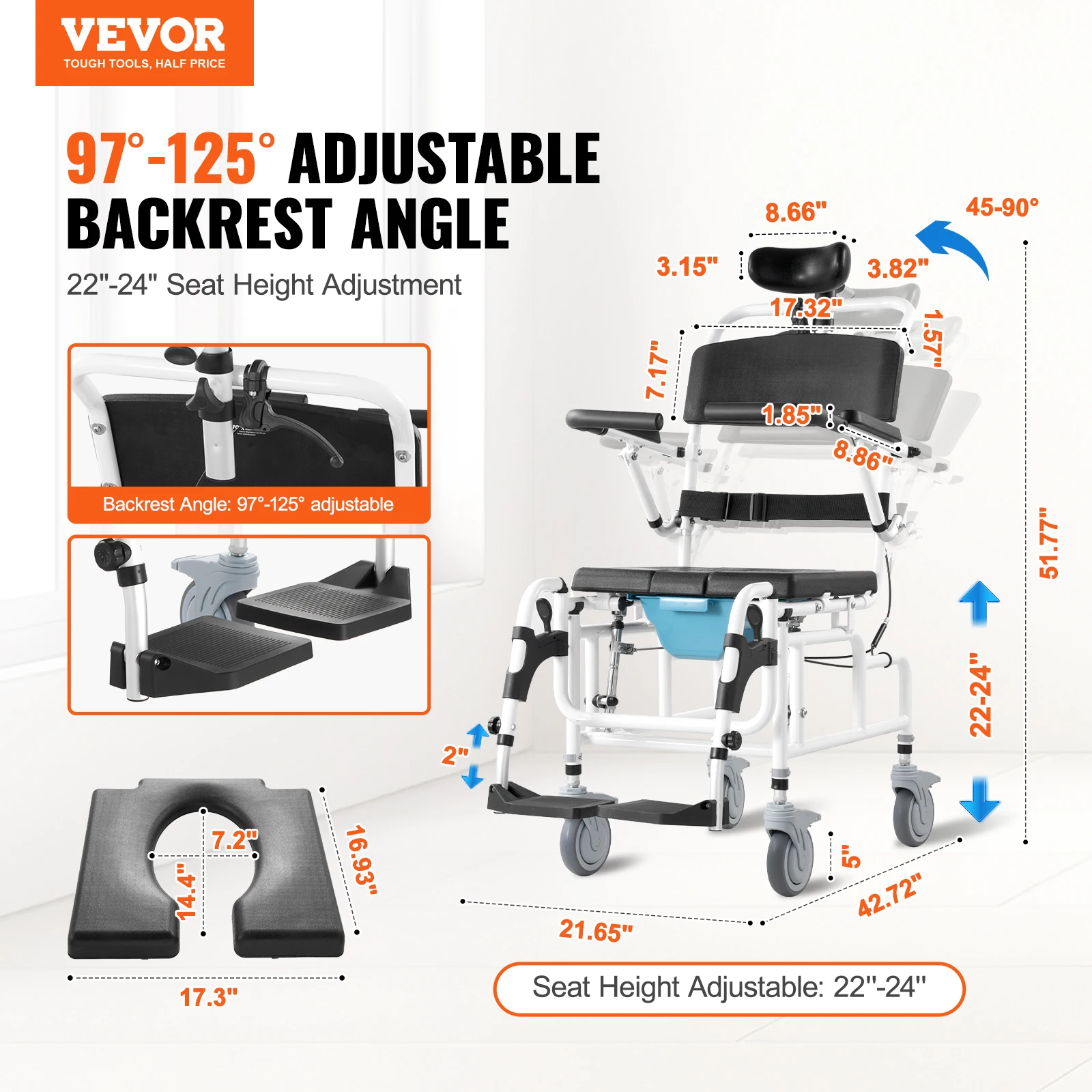 VEVOR Shower Wheelchair  17.5in Width Aluminum Alloy Bathroom Wheelchair for Inside Shower for Disabled Adult  300 lbs Capacity 2