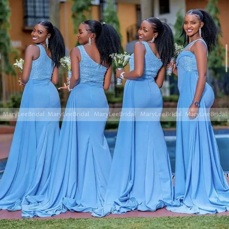 One Shoulder Sky Blue Bridesmaid Dresses Front Split Mermaid Long Wedding Guest Party Dress Maid Of Honor Gowns
