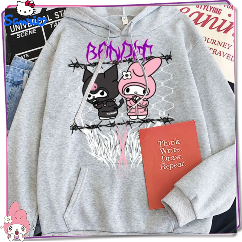 

New Sanrio Melody Kuromi Cartoon Hoodie Y2K Women's Autumn/winter Loose Fitting Long Sleeve Hoodie Kawaii Hooded Sweatshirt Top